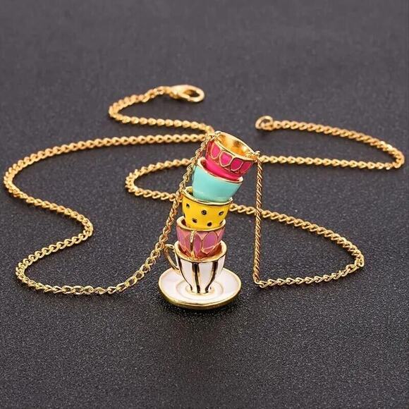 Multicolor Teacups & Saucers Necklace Drop Pendant Enameled Cups Gold Tone Chain - Picture 5 of 15
